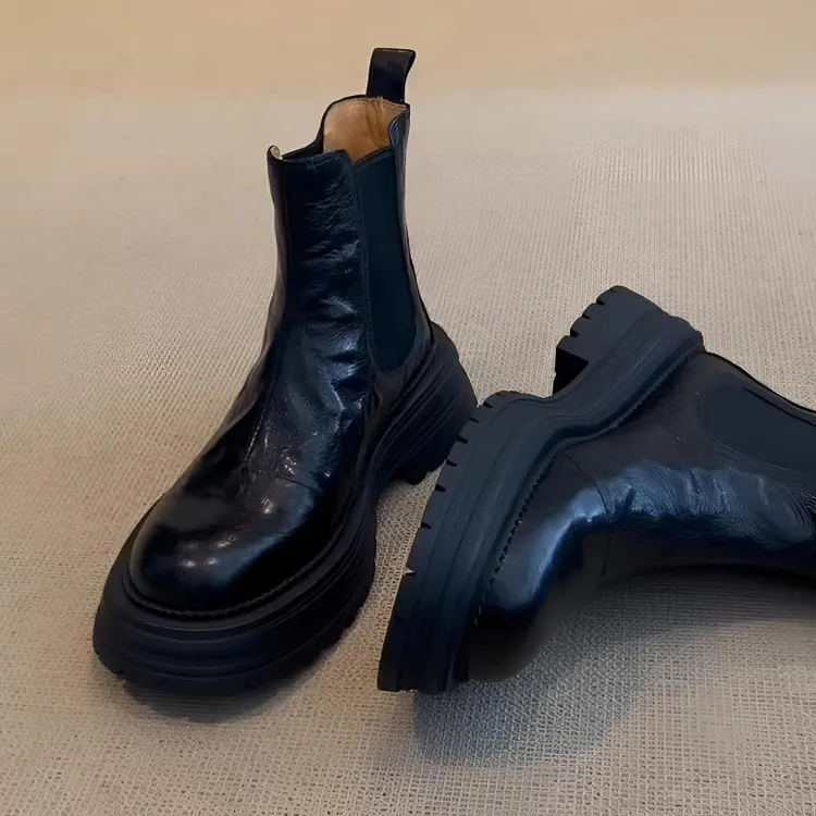 牛皮版~烟筒弹力马丁短靴英伦风圆头粗跟小个子厚底增高切尔西靴