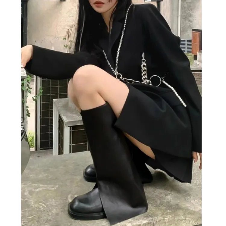 2025年郭采洁同款圆头裤管靴炸街不过膝长筒靴女直筒瘦瘦靴骑士靴