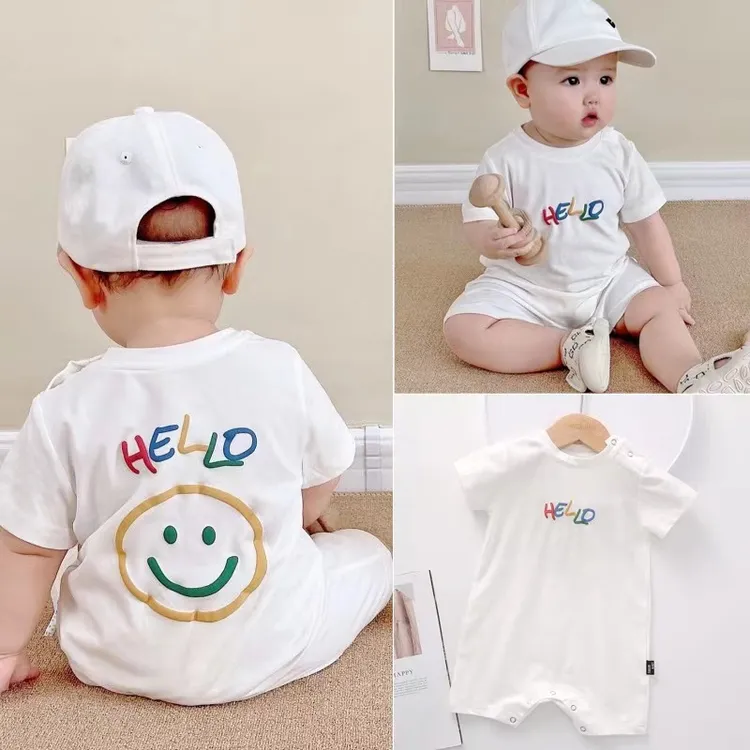 新款宝宝男女宝笑脸薄款洋气连体衣哈衣夏装透气儿童爬服幼儿半袖