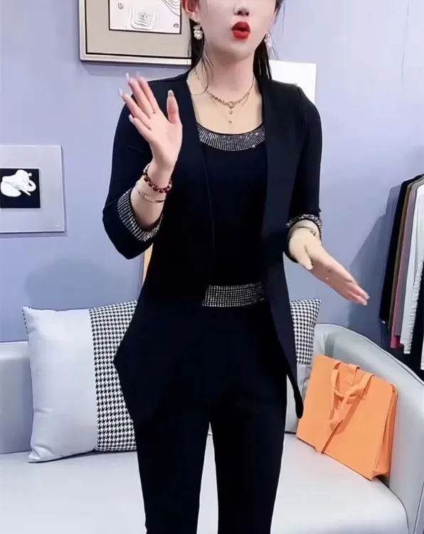 西服套装女士春秋新款中袖烫钻黑色时尚气质背心长裤小西装三件套