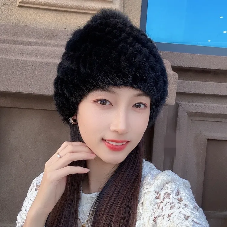 冬季水貂毛帽子女大狐狸毛球皮草帽子护耳保暖包头帽时尚洋气貂帽