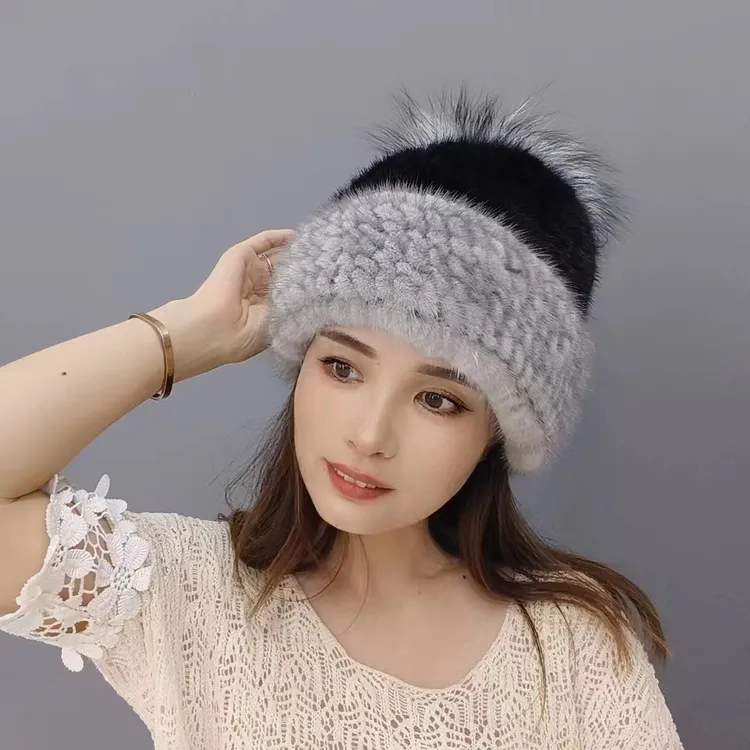 水貂毛编织帽女秋冬季新款撞色单球帽加厚保暖百搭真皮草女士帽子