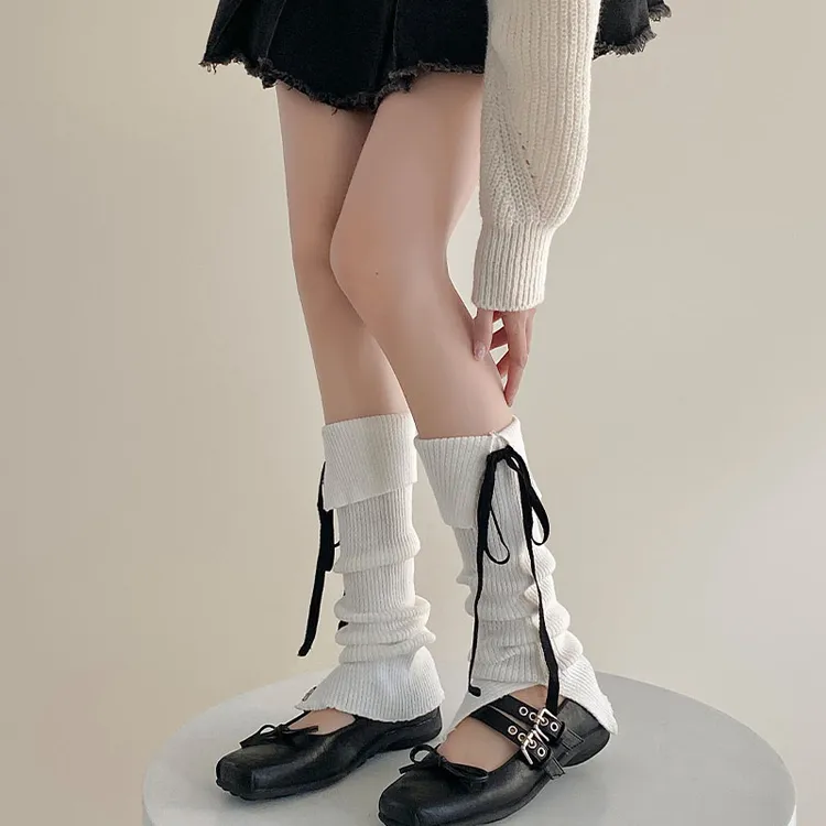 绑带蝴蝶结jk长筒袜套翻边甜美洛丽塔小腿袜子女日系针织堆堆长袜