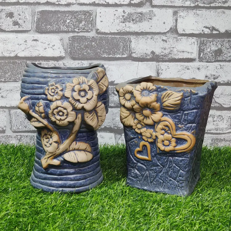 法师盆高老桩悬崖桩细高盆清仓粗陶浮雕立体方口多肉植物花盆