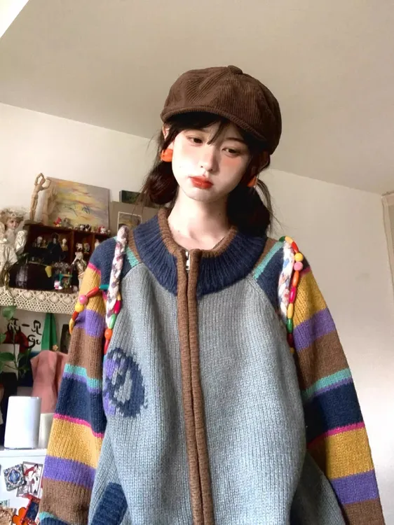 美式复古撞色条纹毛衣女秋冬新款针织开衫慵懒设计感拉链宽松外套