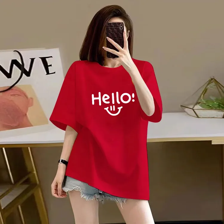 大红色纯棉正肩短袖t恤女夏季2024年新款设计感小众小个子上衣