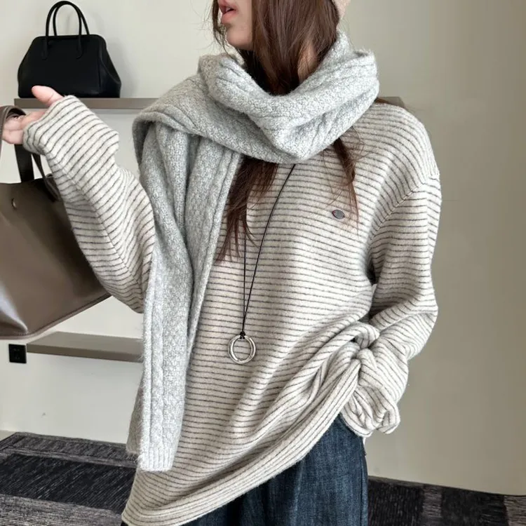 慵懒风条纹韩版复古圆领长袖T恤简单大气百搭秋冬加厚磨毛宽松