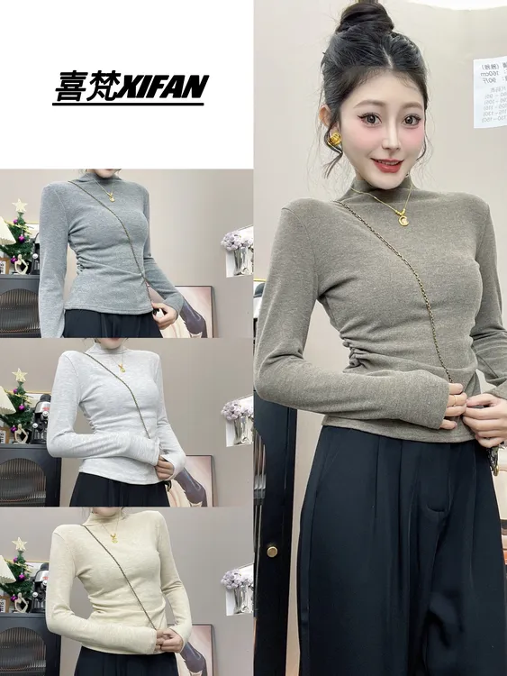 ZUIMEI秋冬新款加绒设计感抽褶半高领T恤女打底衫修身显瘦上衣