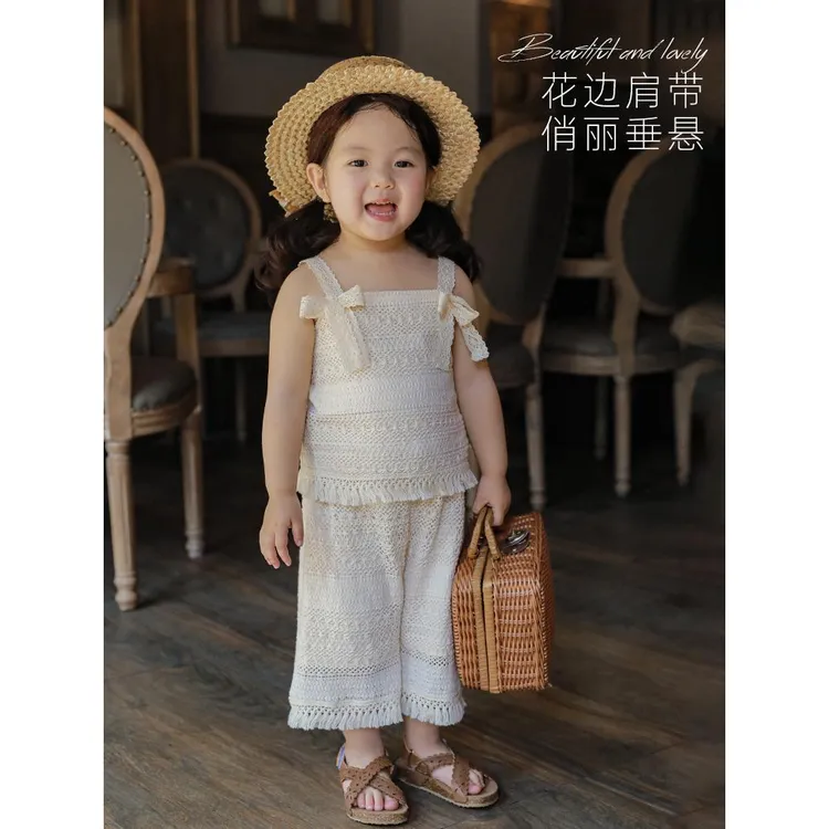 幼悠女童蕾丝洋气法式镂空套装夏季儿童吊带无袖连件套夏装X3828
