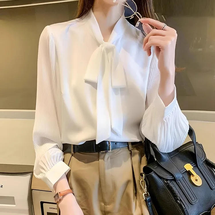 高档设计感飘带白领职业白衬衫女小香风灯笼袖法式长袖上衣轻奢OL