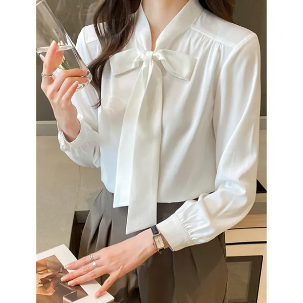 柔顺法式设计感职业风蝴蝶结飘带白衬衫女长袖气质白领内搭上衣