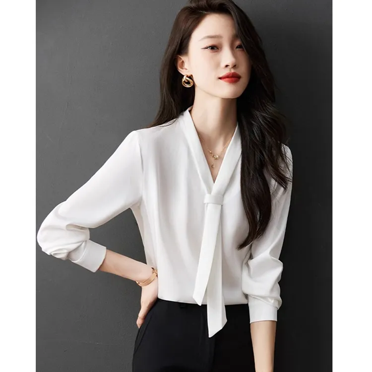高品质设计感飘带职业白衬衫女长袖柔顺丝滑白色上衣女款高级感