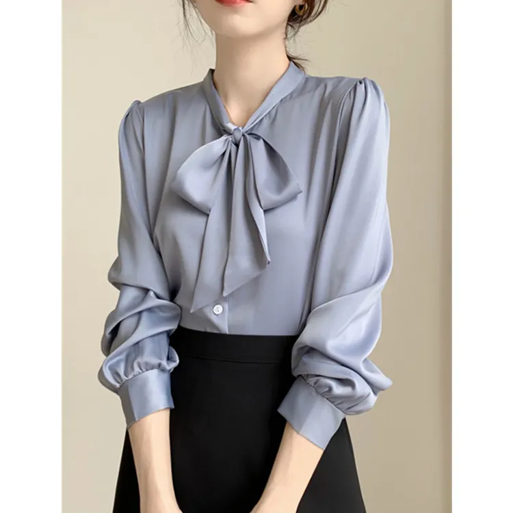 法式蓝色蝴蝶结衬衫女设计感小众轻职白领衬衣柔顺缎面上衣飘带领