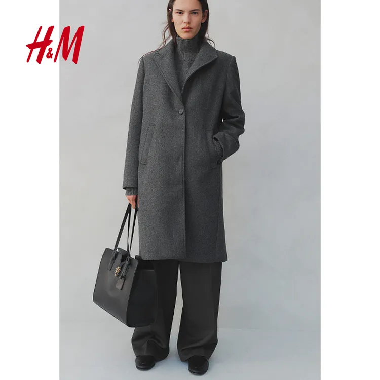 HM女装2025秋冬新款格雷系都市通勤及膝垫肩百搭毛毡大衣1240693