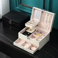 多层翻盖带锁首饰盒纯色简约饰品收纳盒桌面首饰收纳箱