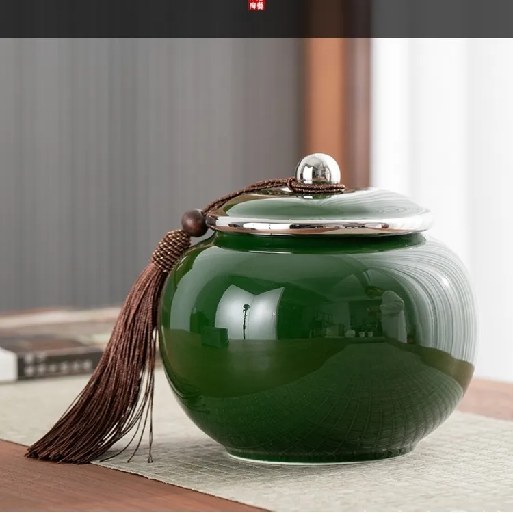 祖母绿小茶叶罐陶瓷空罐密封罐存茶罐储存罐瓷罐储茶罐家用收纳罐