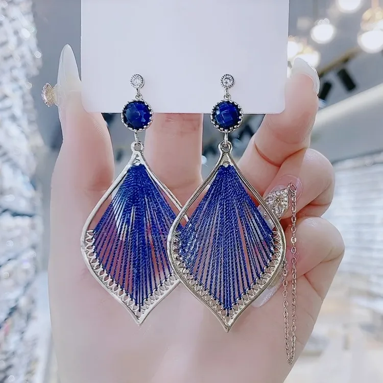 铜合金合成锆石耳饰 278孔雀翎气质蓝时尚大方耳环长款