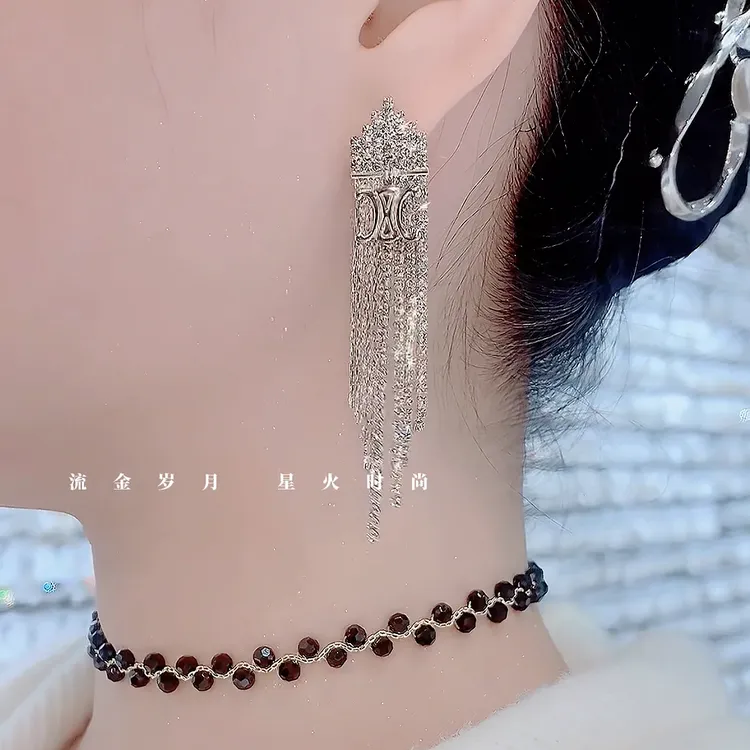 铜合金玻璃耳饰 气质-洋气轻奢名媛优雅高级大气长款重工流苏耳环