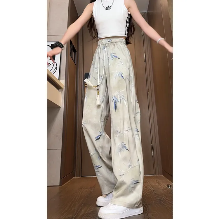 新中式竹叶冰丝薄款休闲裤男夏季国潮透气宽松直筒阔腿中国风裤子