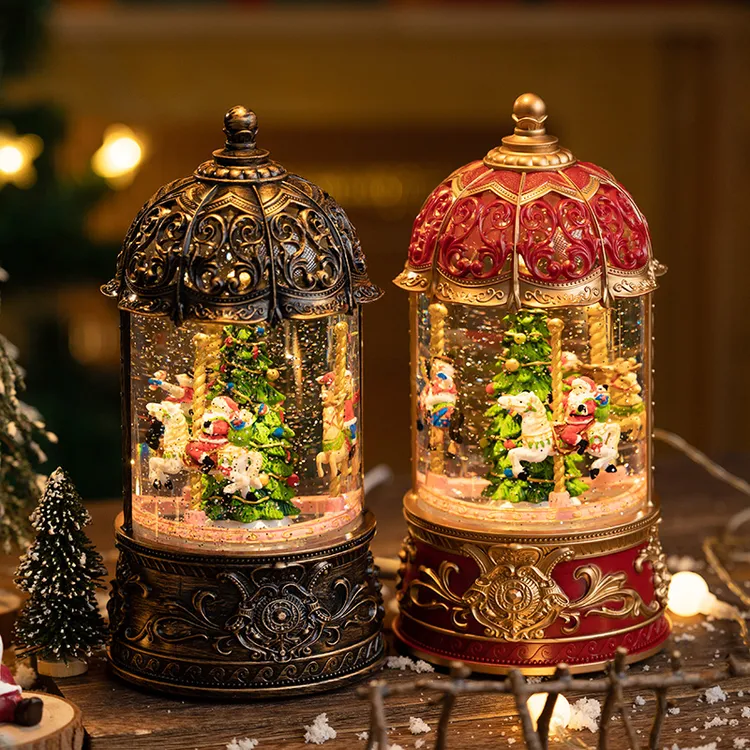 圣诞节旋转木马飘雪花八音盒送儿童女生音乐盒装饰摆件礼品水晶球