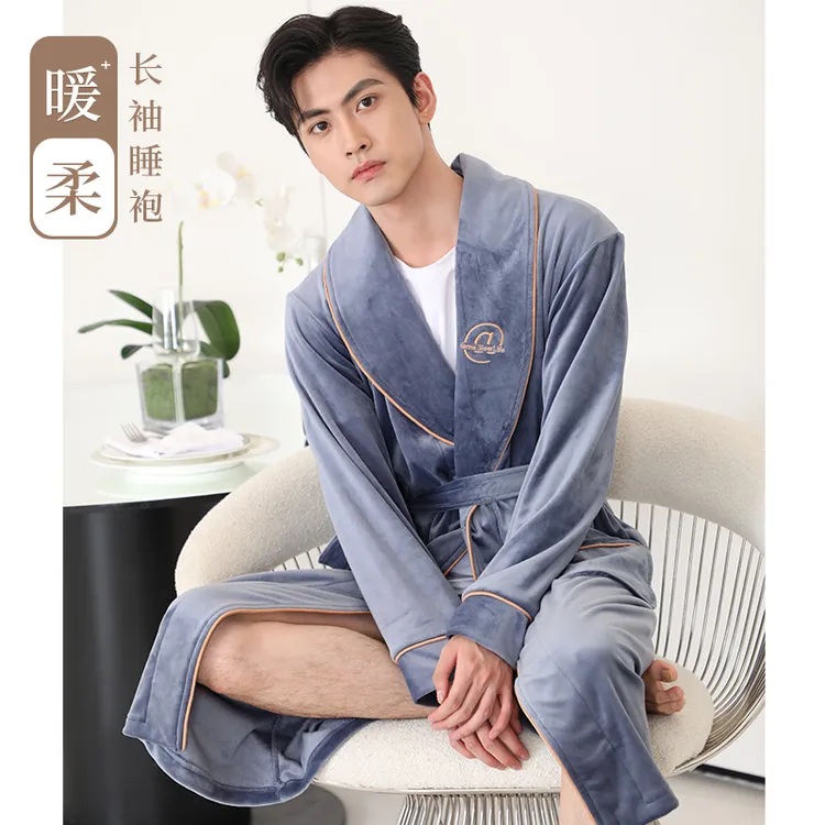 睡袍男保暖冬季加绒加厚中长款海岛绒浴袍秋冬款珊瑚绒家居服睡衣