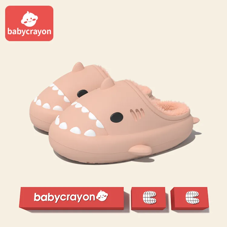 babycrayon冬季防水儿童棉拖鞋男童女童室内卡通鲨鱼加绒亲子拖鞋