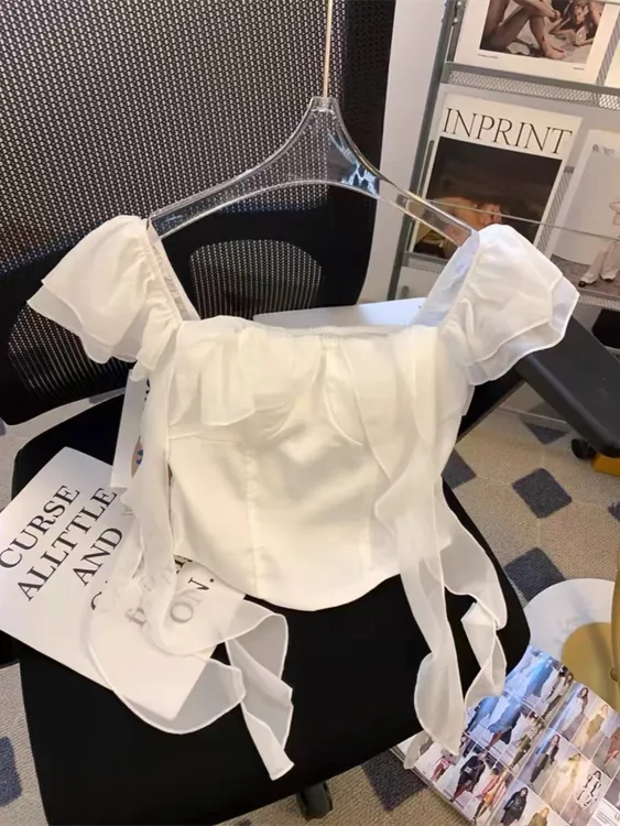  法式白色小飞袖衬衫女装夏季修身甜美衬衣荷叶边方领短款上衣