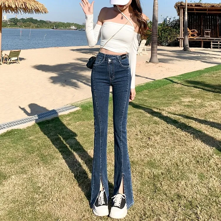 超显瘦开叉牛仔裤女喇叭裤黑色弹力高腰收腹修身九分微喇女神裤子