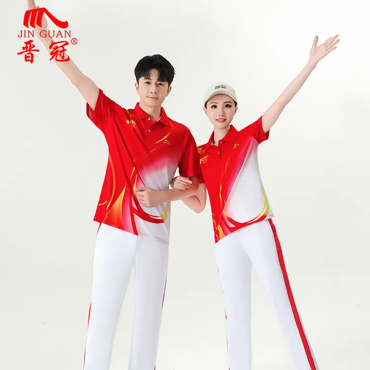 晋冠夏季小祥云短袖T恤时尚红色休闲套装透气健身服速干服团体服