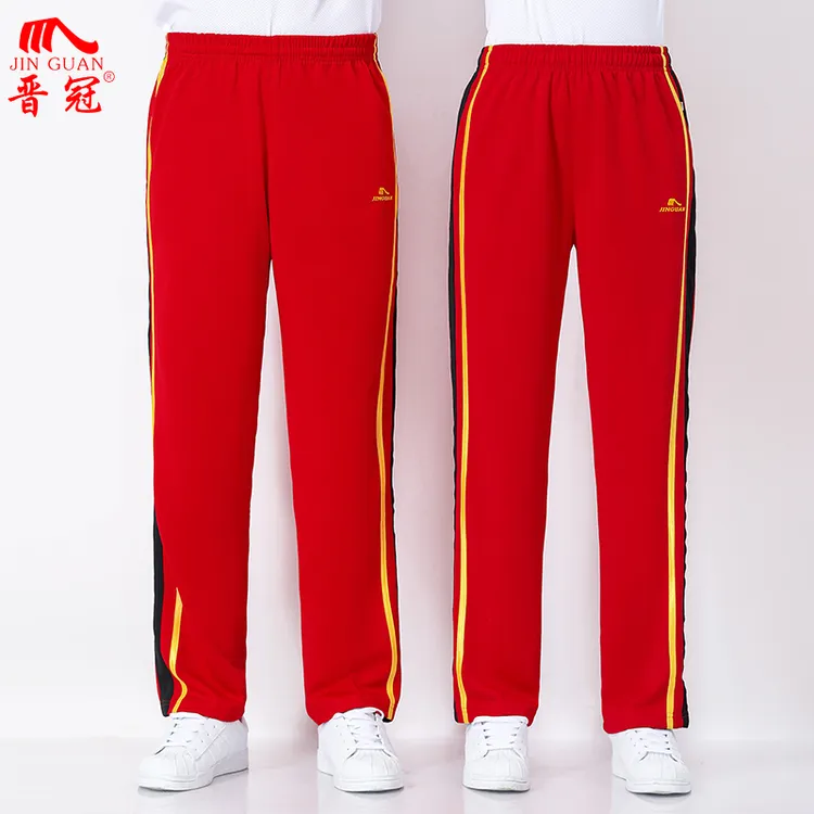 晋冠红色黄色裤团体裤休闲裤健身裤弹力大码直筒户外薄款宽松跑步