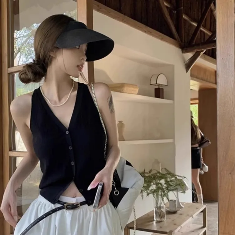 夏季外穿坎肩无袖t恤上衣法式甜辣黑色冰丝针织挂脖吊带小背心女