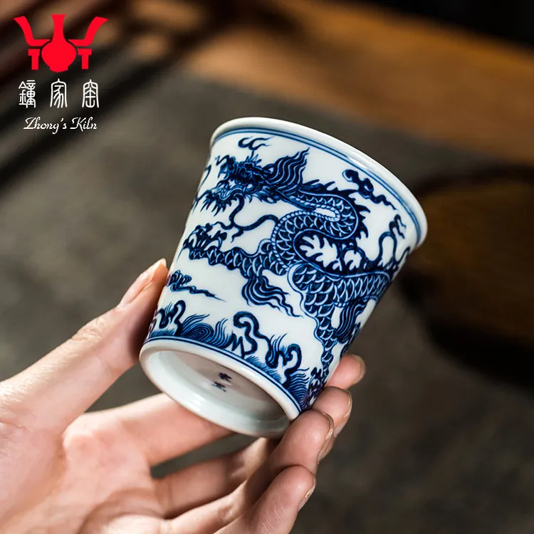 钟家窑柴窑青花可乐杯景德镇手工手绘云龙纹创意水杯果汁冷饮茶杯