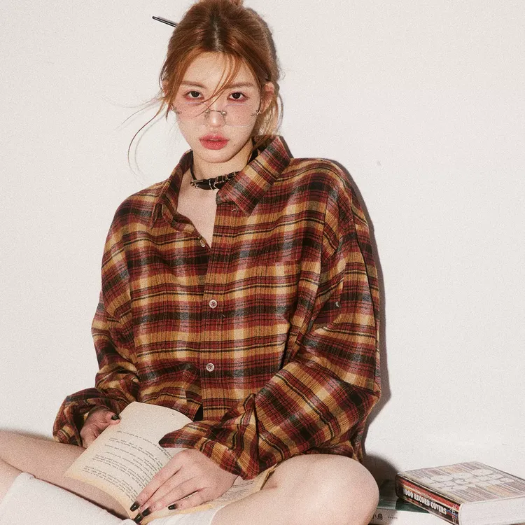 BabeFish onze格子长袖衬衫oversize男友风宽松情侣休闲格纹外套