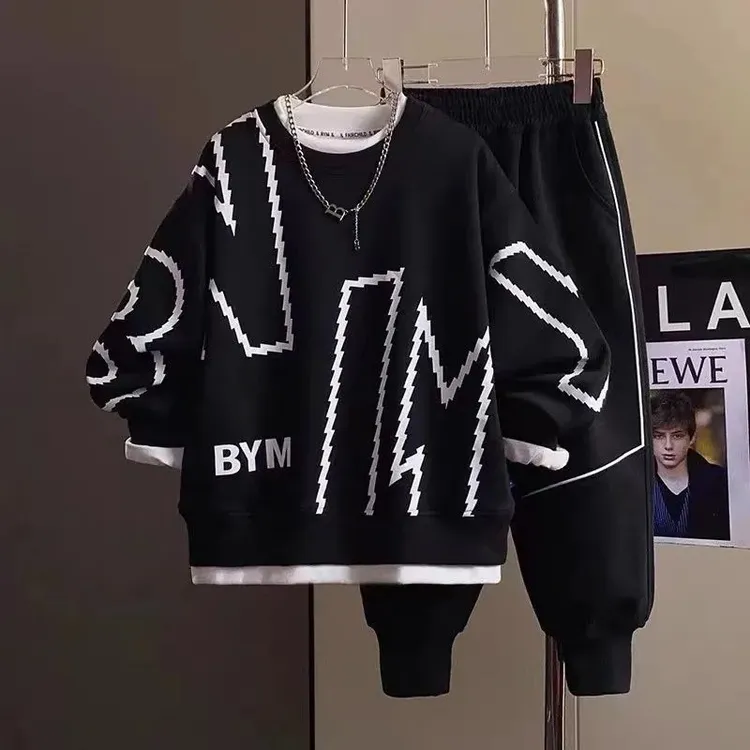 男童秋装套装2024新款中大童时尚假两件男孩宽松韩版春秋季两件套