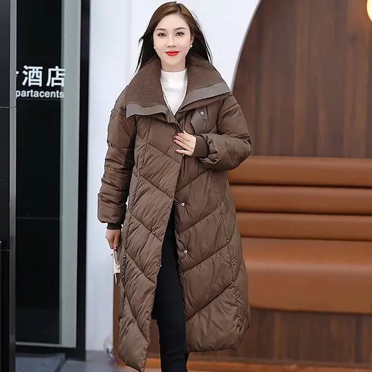 大翻领中长款百搭棉服女2024冬季新款高级感加厚保暖过膝大码外套