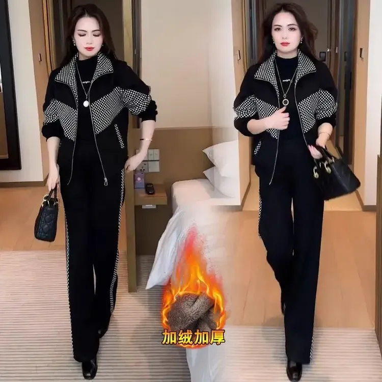 加绒加厚休闲套装女2024冬新款时髦洋气格纹拼接外套阔腿裤两件套