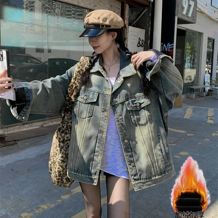 加绒加厚时尚宽松夹克女街头复古高级美式炸街牛仔外套女8680