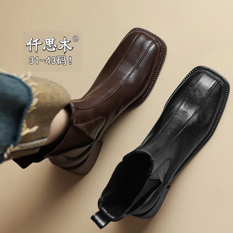 高跟短靴女2024新款秋冬大码女鞋41到43棕色40方头小码靴子313233