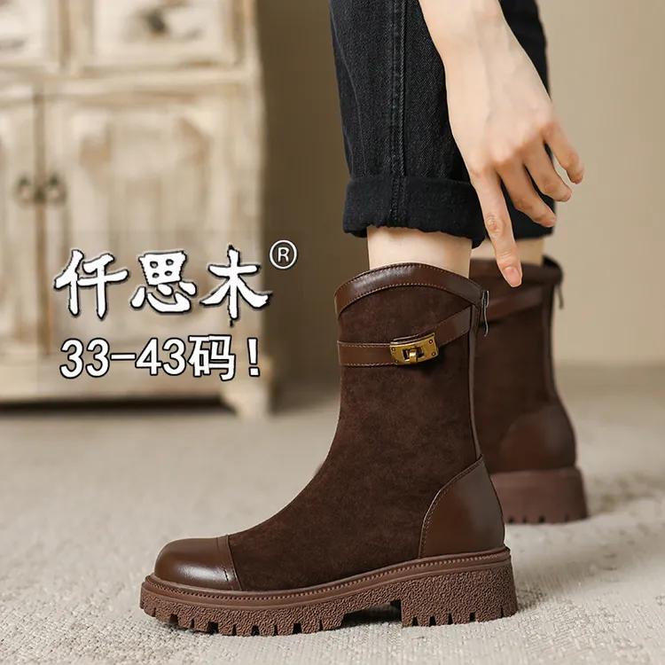 厚底中筒靴女2025新款大码加肥加宽女靴41一43冬季加绒40棕色短靴