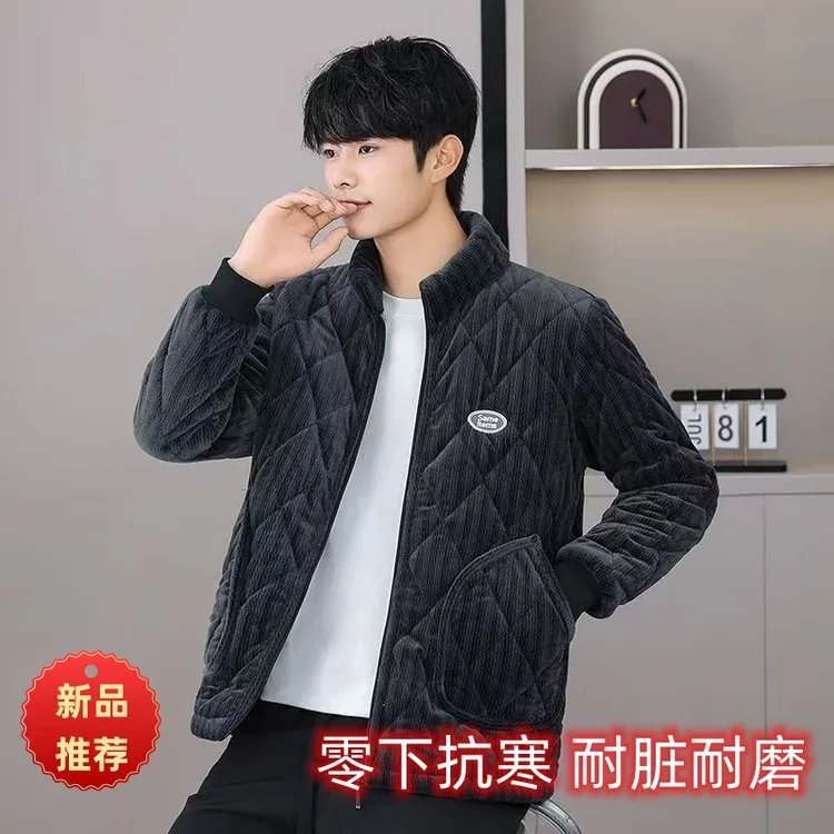 男士冬天加绒加厚棉罩衣保暖家居服新款耐磨棉袄工地防寒干活外穿