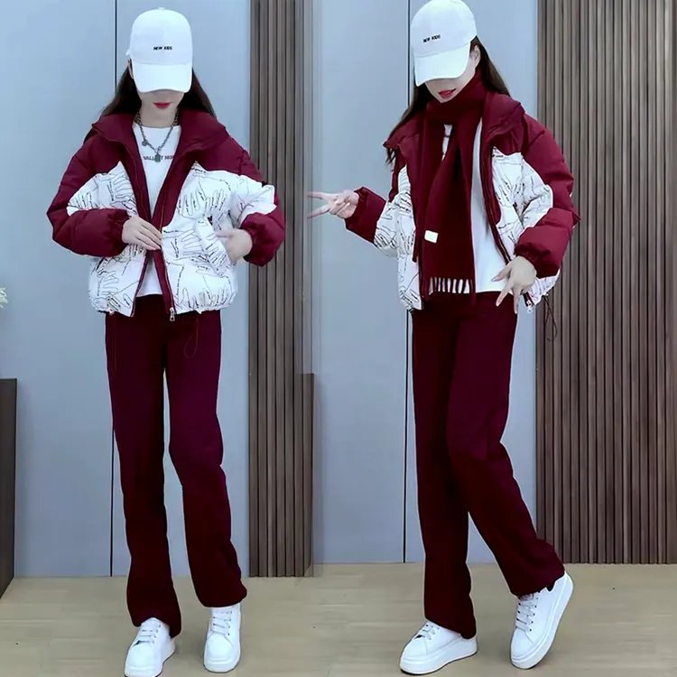 红色棉服女外套冬装新款立领棉衣短款小棉袄加棉加厚休闲裤冬季