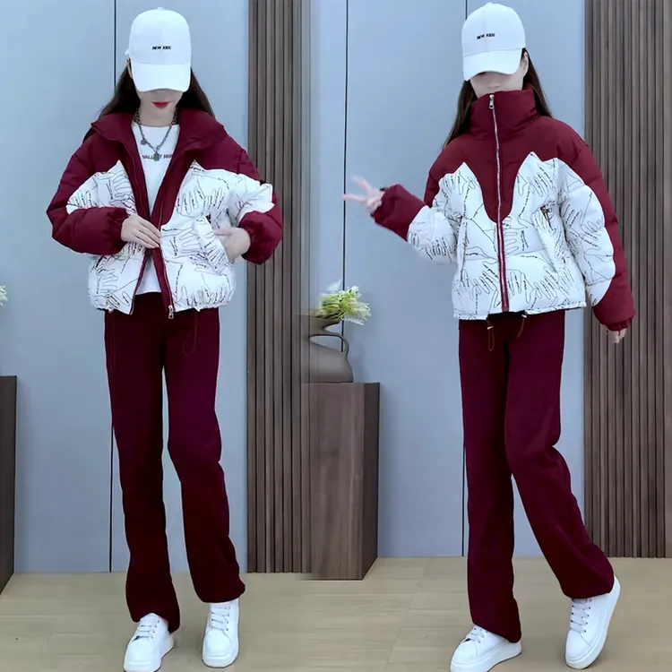 棉服套装女宽松冬季新款无帽短款棉衣棉袄加绒加厚休闲炸街裤子