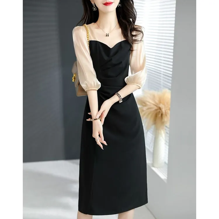 夏季时尚新品气质-欧根纱气质别致显瘦轻薄裙子五分袖-连衣裙