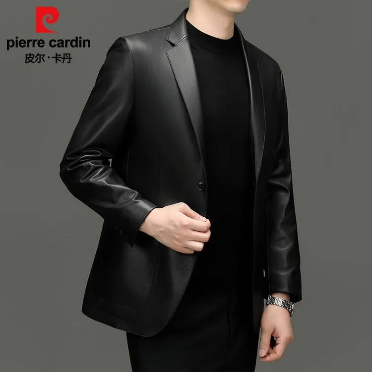 皮尔卡丹皮衣男真皮秋冬季新款绵羊皮西装外套休闲西服海宁皮夹克