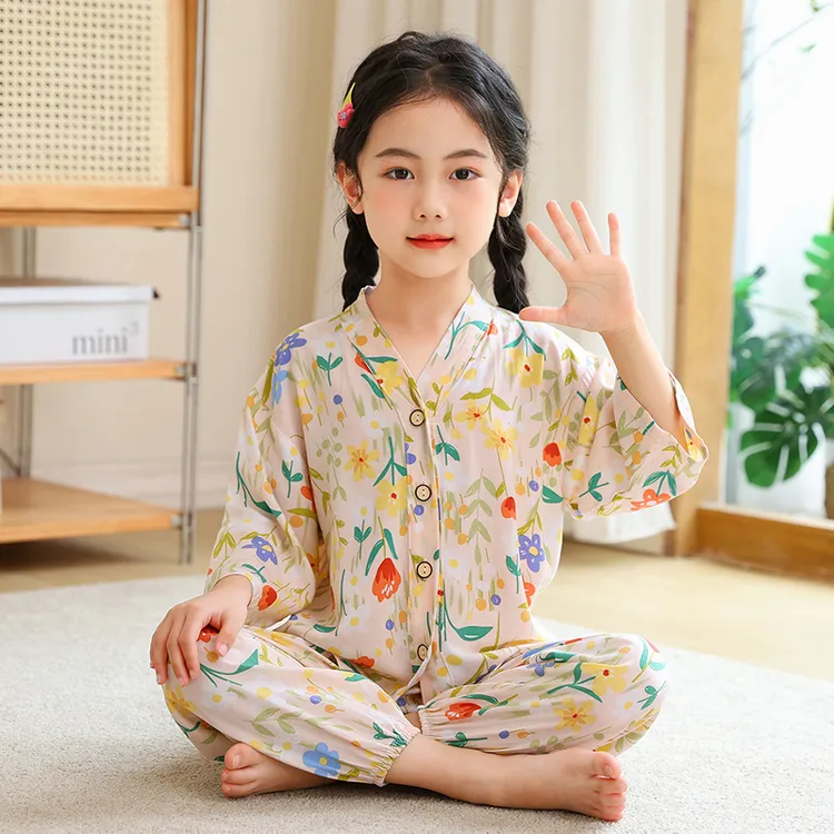 儿童夏季绵绸睡衣女童女孩七分袖长裤棉绸套装女童薄款空调家居服