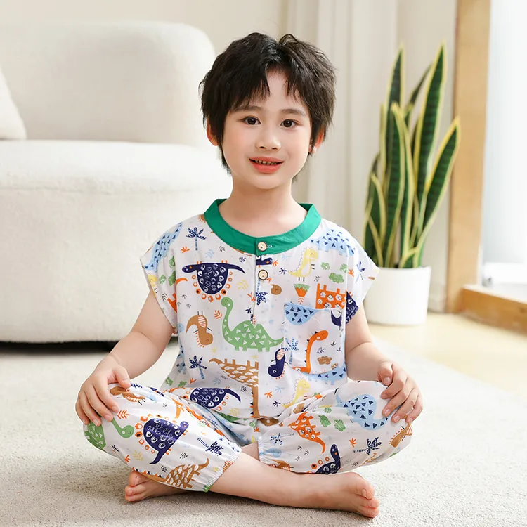 儿童睡衣棉绸男童女童空调男孩短袖儿童睡衣儿童绵绸套装