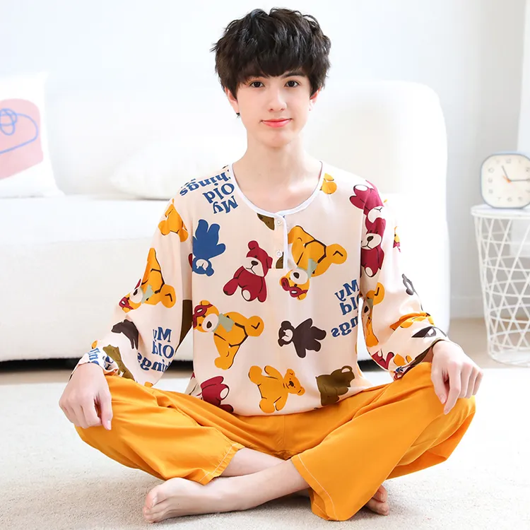 大童棉绸睡衣夏季青少年男童儿童薄款绵绸男孩长袖儿童绵绸套装