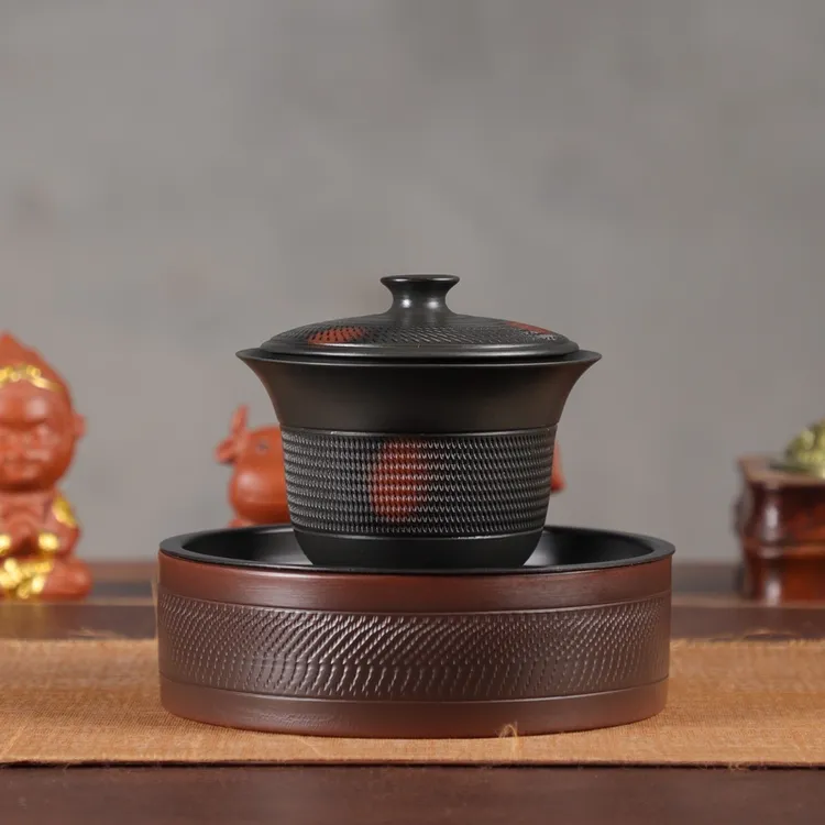 建水紫陶茶具茶道全手工千孔跳刀盖碗高档泡茶碗功夫茶具泡茶工具