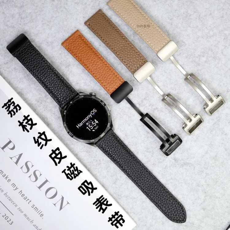 适用华为GT6/Pro手表带Watch5GT4荔枝纹牛皮2/3pro磁吸折叠扣高级