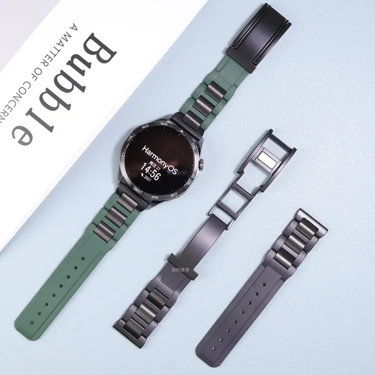 适用华为GT6/Pro手表带watch5/GT4不锈钢金属拼橡胶2/3pro磁吸T扣